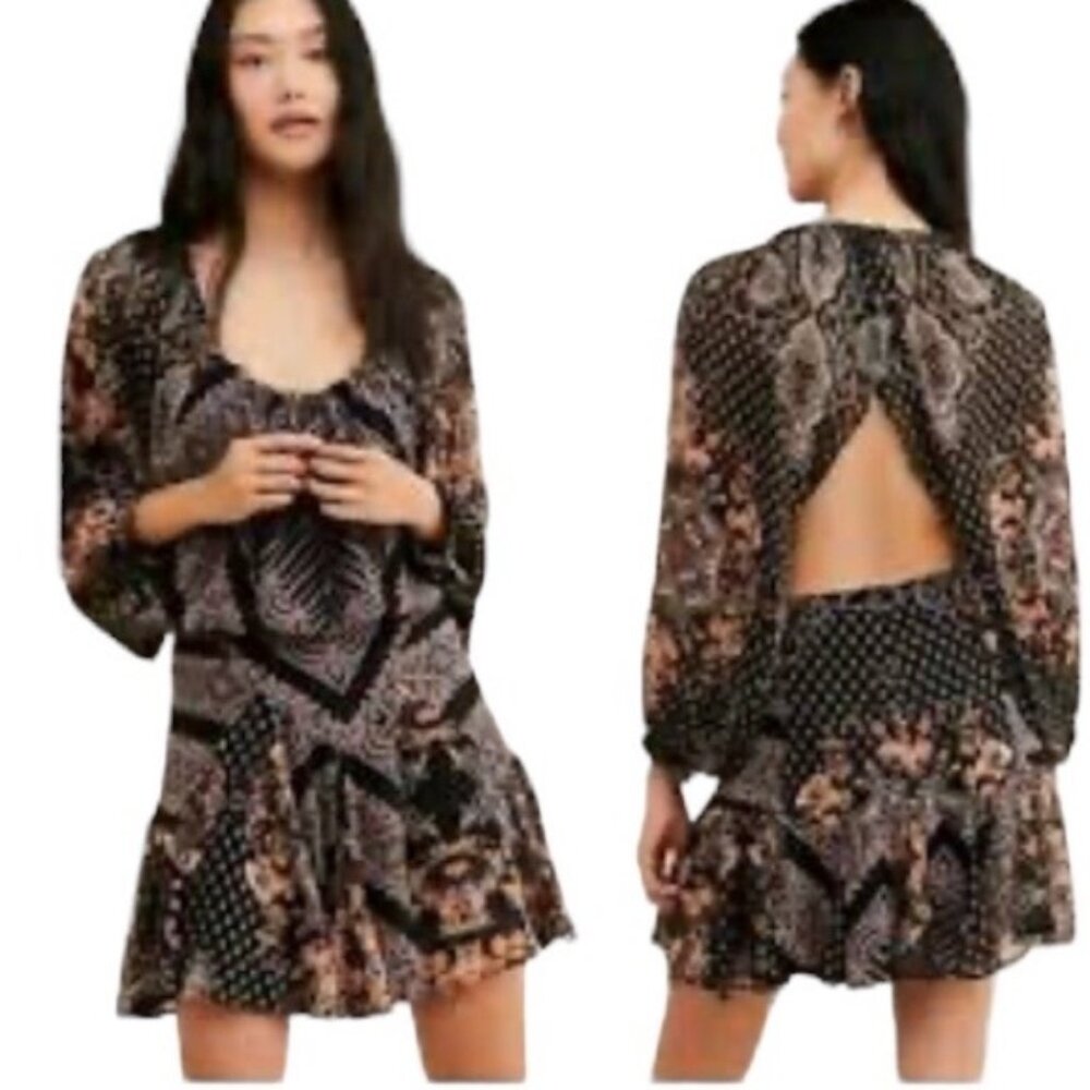 Free People Dress Women's Sz S/P Black Floral Mini Open Back Bohemian Hippie